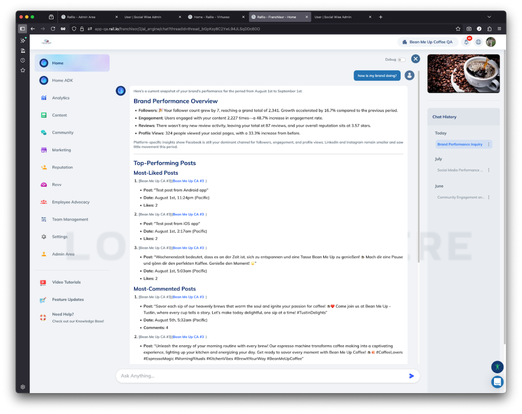 Example: Ask, “How is my brand doing?” and instantly receive a Brand Performance Overview, Top-Performing Posts, and tailored recommendations—all in one streamlined response.