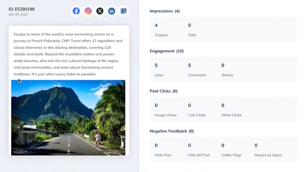 Rallio’s dashboard showing impressions, engagement, post clicks, and negative feedback KPIs