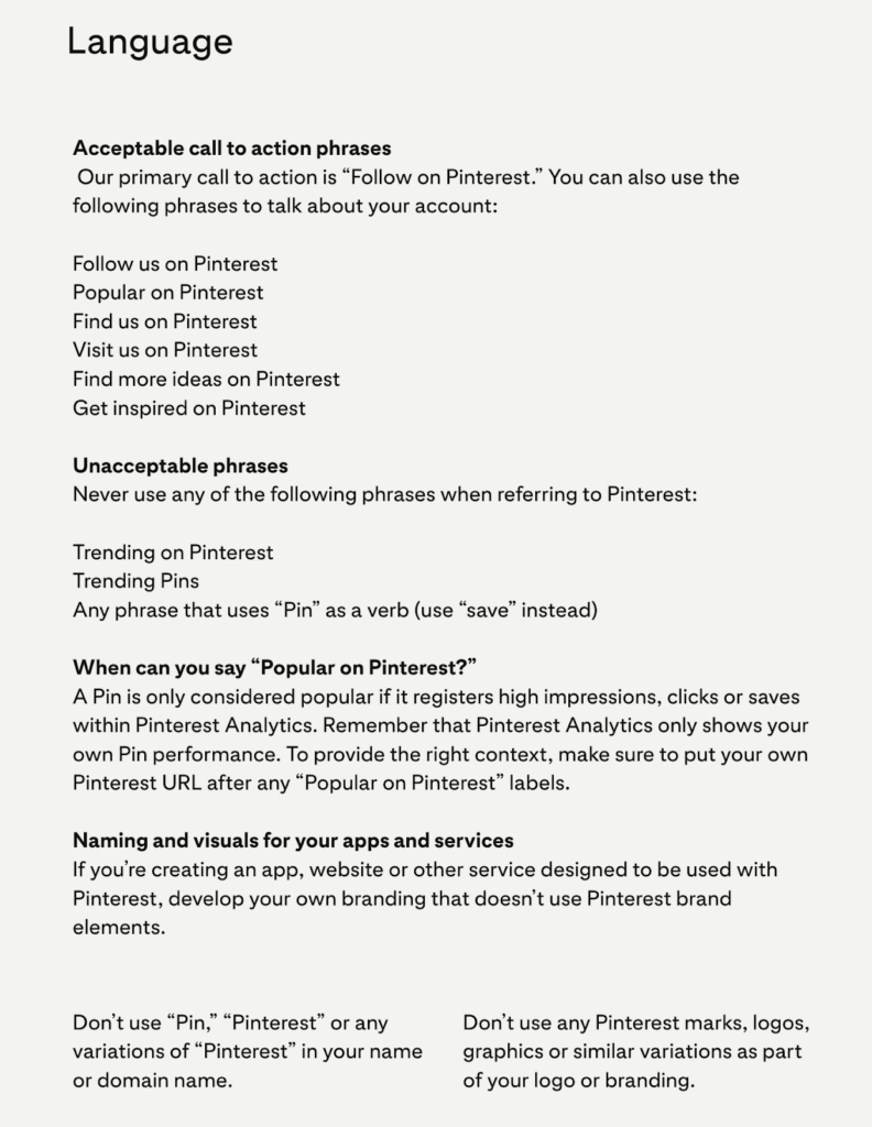 An example of Pinterest’s messaging and language guidelines