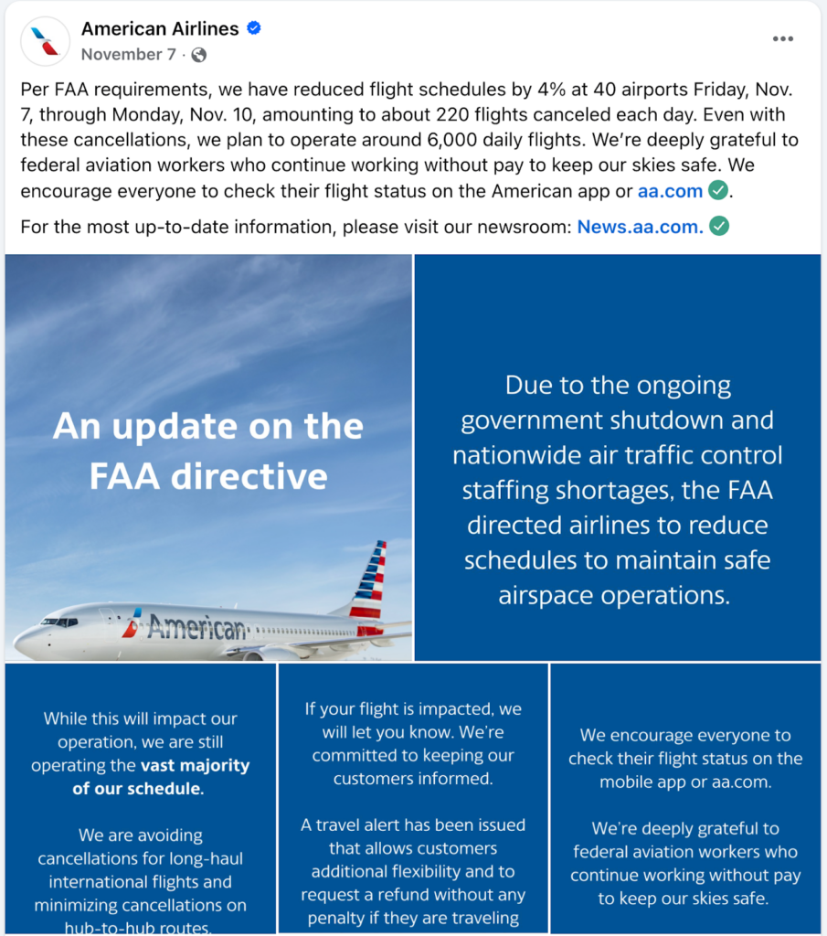 An example of American Airlines releasing a statement during service disruptions